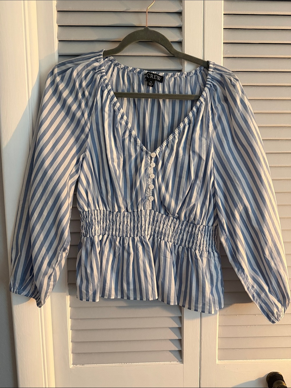 J. Crew Light Blue and White Striped Button-Front Peasant peplum Top